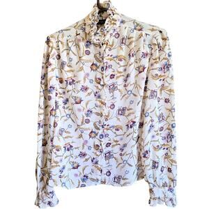 Vintage Tomboy Floral Ruffle Neck Button Front Blouse